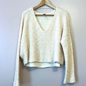Free People Popcorn V Neck Pullover Sweater Large Boho Cotton Teddy Sherpa Ivory